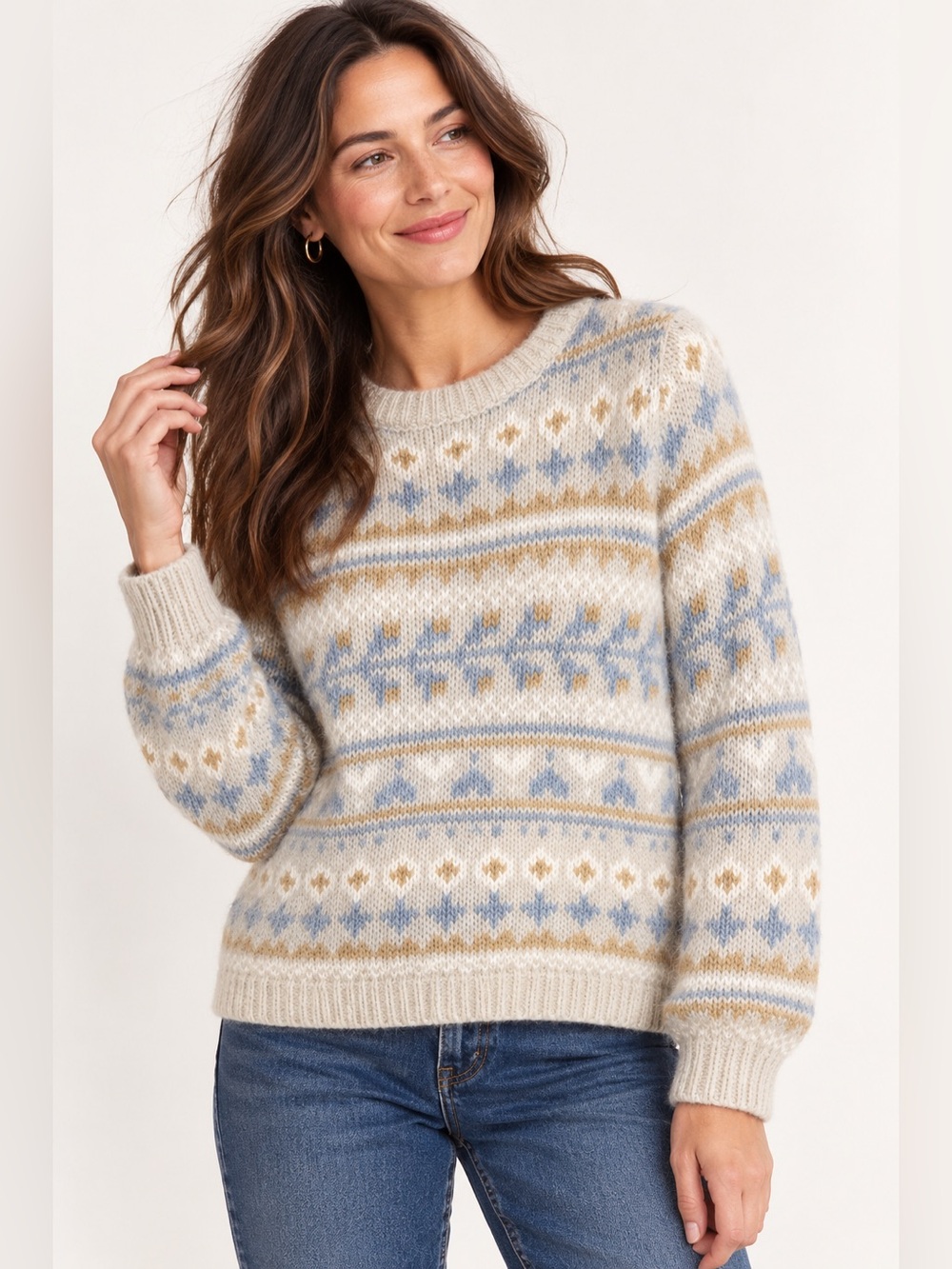 Boden Fair Isle Wool Alpaca Blend Sweater Small Blue Oatmeal